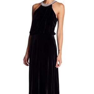 Marina Black Velvet Evening Gown 4 S Jewel Halter Mock Neck Formal Mob Wife Glam